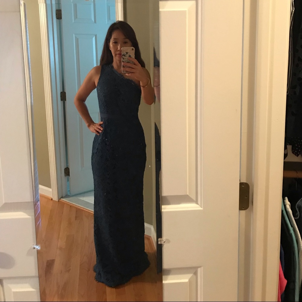 One shoulder lace floor length dress